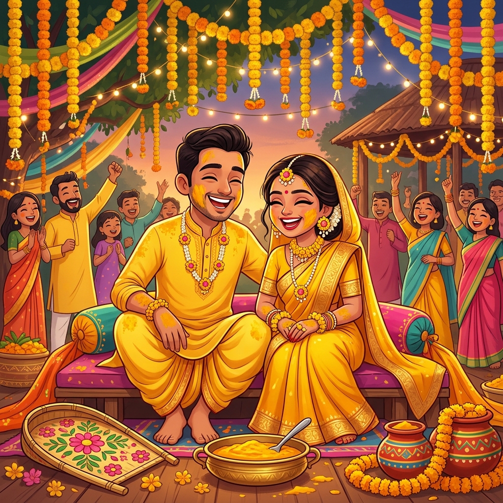 Animated Cartoon illustration of Haldi Gaye Holud Ceremony